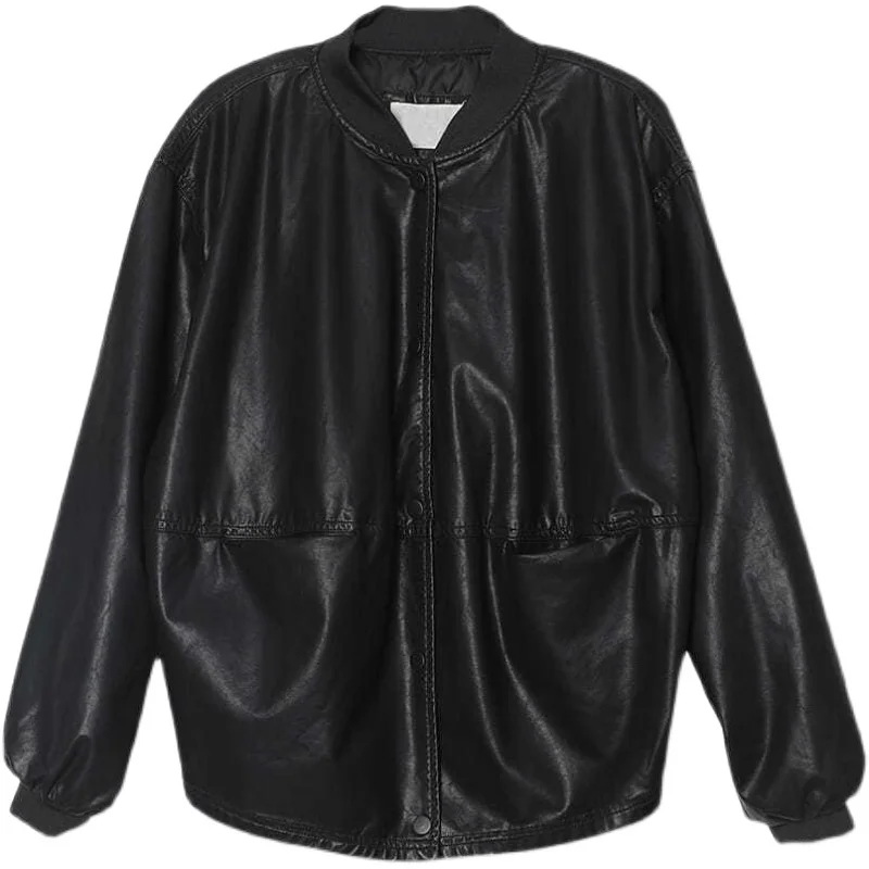 Frauen Lose Leder Jaet Mantel Herbst Neue Sle plus Größe Faionable Stehkragen Svel Vinyl Material Oberbekleidung