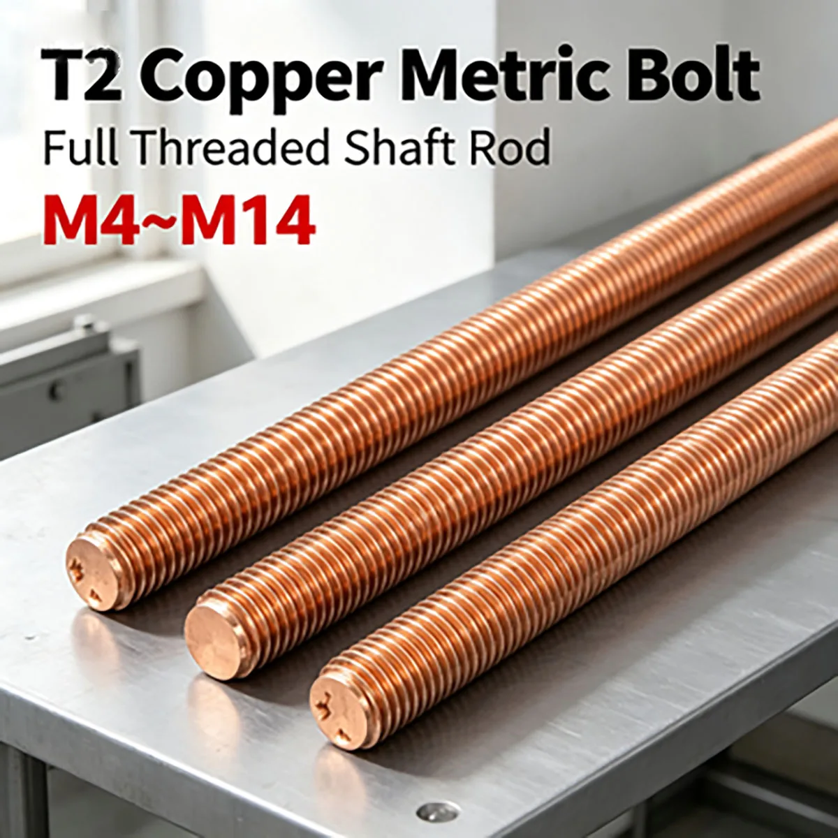 Conductive T2 Purple Copper Full‑Thread Stud, Metric Threaded Shaft M4‑M14 Fastener