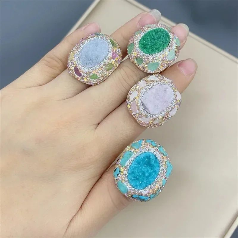 Unique Natrual Tourmaline Crystal Finger Rings Open Size Emerald Green Turquoise Irregular Shape Fashion Jewelry for Women