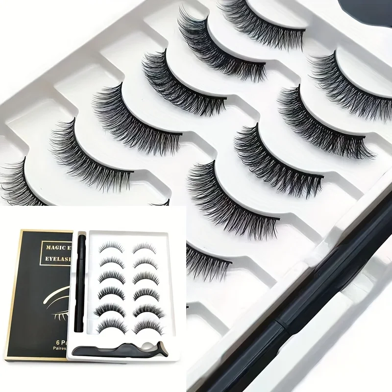 6 pairs of mixed self-adhesive eyelash sets with adhesive free and non-magnetic blocks for repeated use of eyelashes