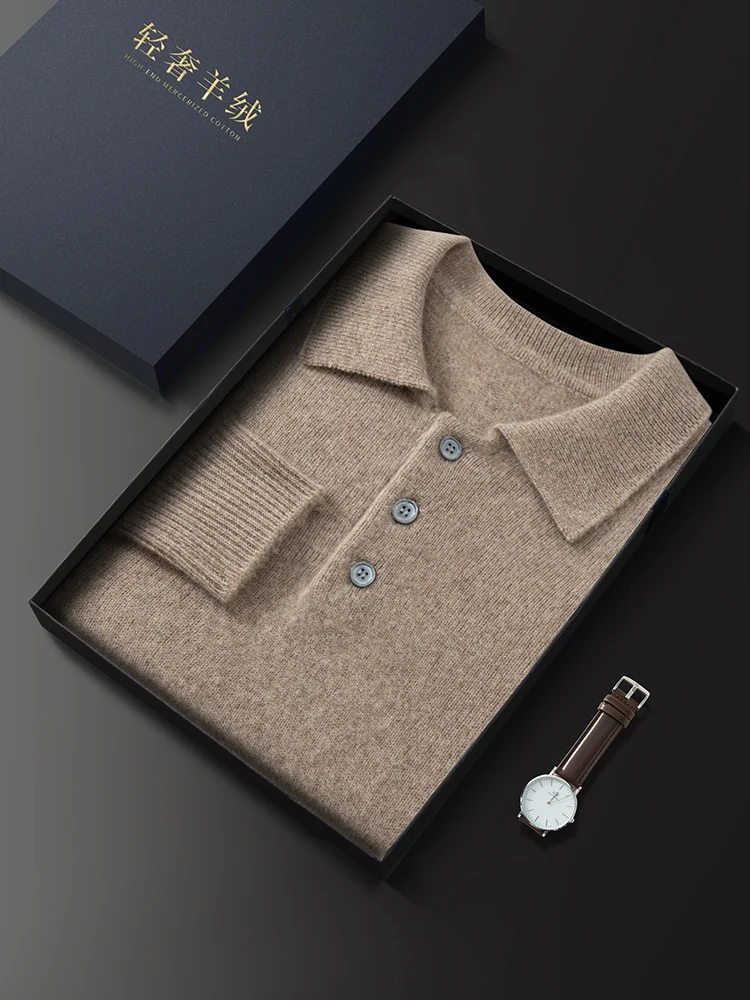 Autumn Winter Men's 100% Cashmere Polo Sweater Basic Smart Casual Long Sleeve Pullover Cashmere Knitwear Soft Comfy Clothing Top