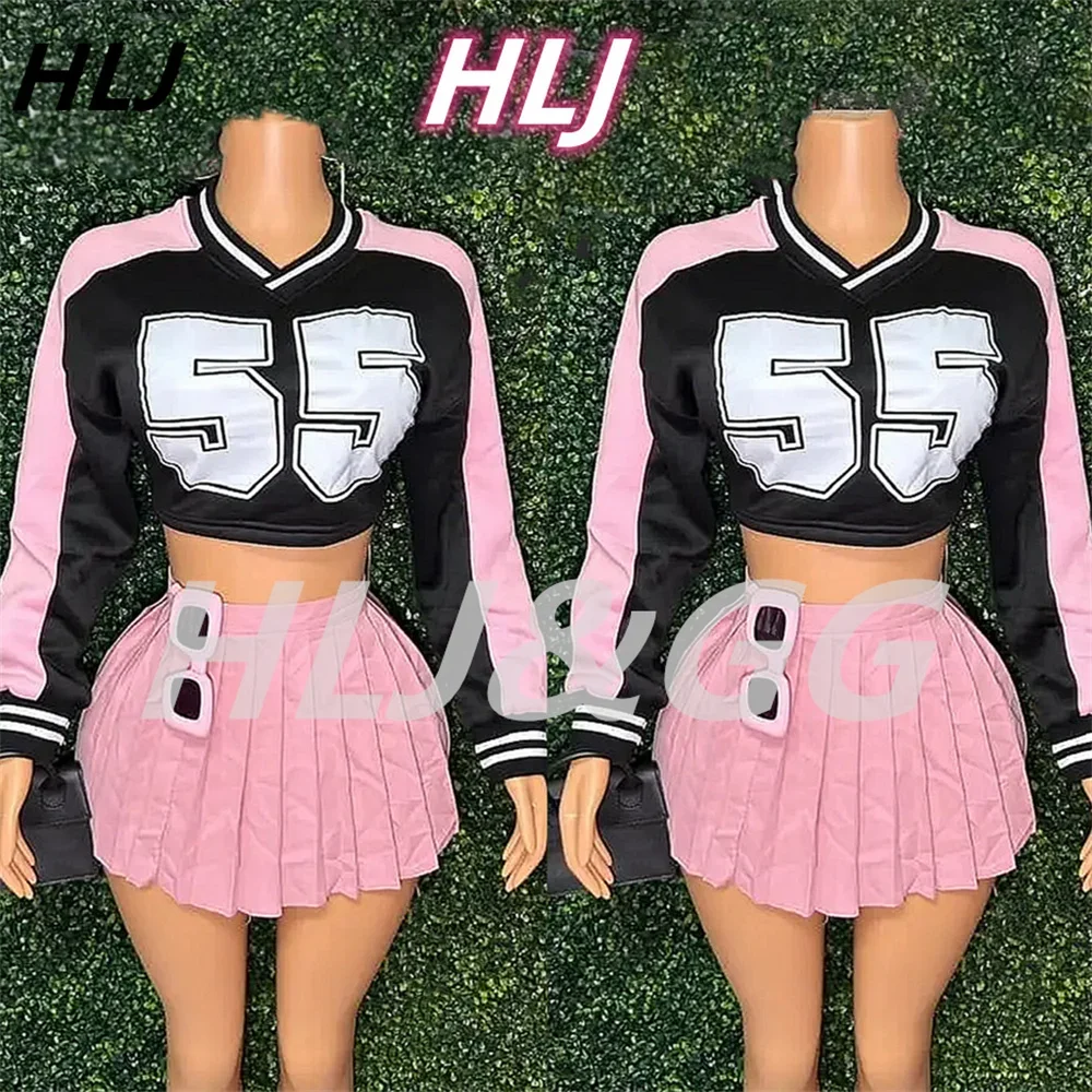 

HLJ Pink American Style Y2K Pleated Mini Skirts Two Piece Sets Women V Neck Long Sleeve Top And Skirts Outfit Fashion Streetwear