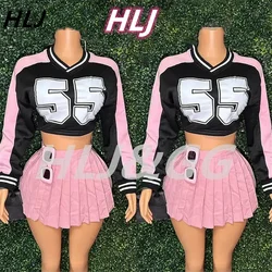 HLJ Pink American Style Y2K Pleated Mini Skirts Two Piece Sets Women V Neck Long Sleeve Top And Skirts Outfit Fashion Streetwear