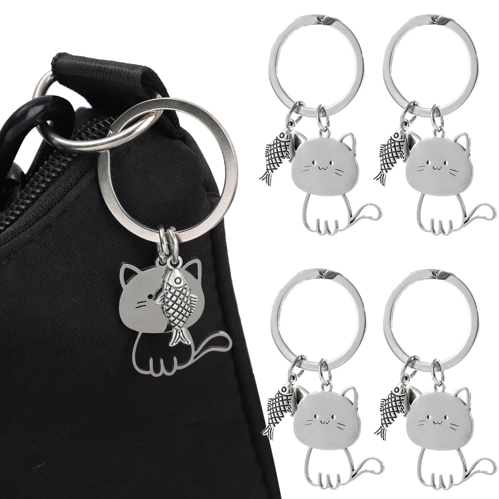 1/2pcs Stainless Steel Lovely Cat Keychain Couple Lover Animal Matching Keyring Cat Eating Fish Pendants Valentine\'s Day Gift