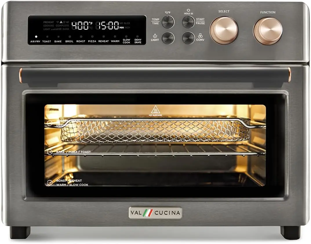 Forno per tostapane con friggitrice ad aria con riscaldamento a infrarossi, forno a convezione da banco extra large combinato 10 in 1, toast a 6 fette, teglia smaltata