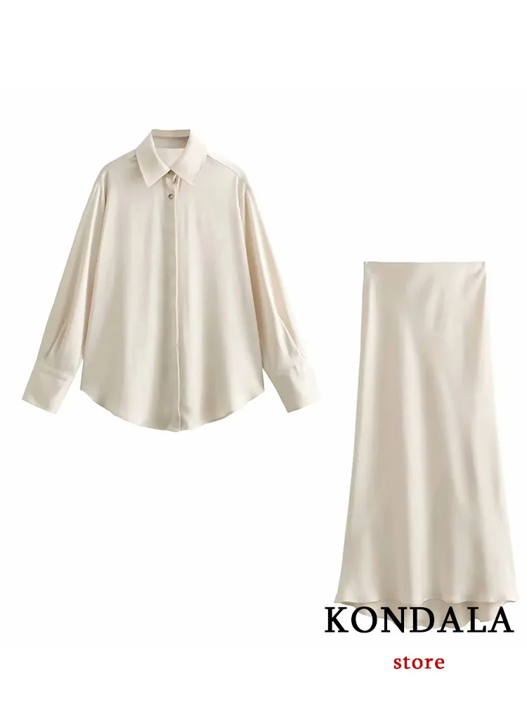 KONDALA Vintage Beige Satin Women Suit Turn-down Collar Single Breasted Blouse Loose Long Straight Skirt Fashion 2023 Autumn Set