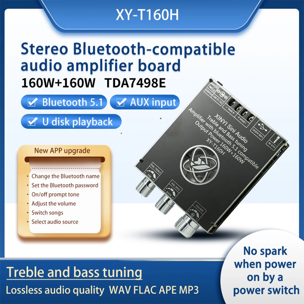 XY-T160H High-bass Adjustment Bluetooth Audio Power Amplifier Board Module Two-channel Stereo TDA7498E 160WX2 Amplifier Board