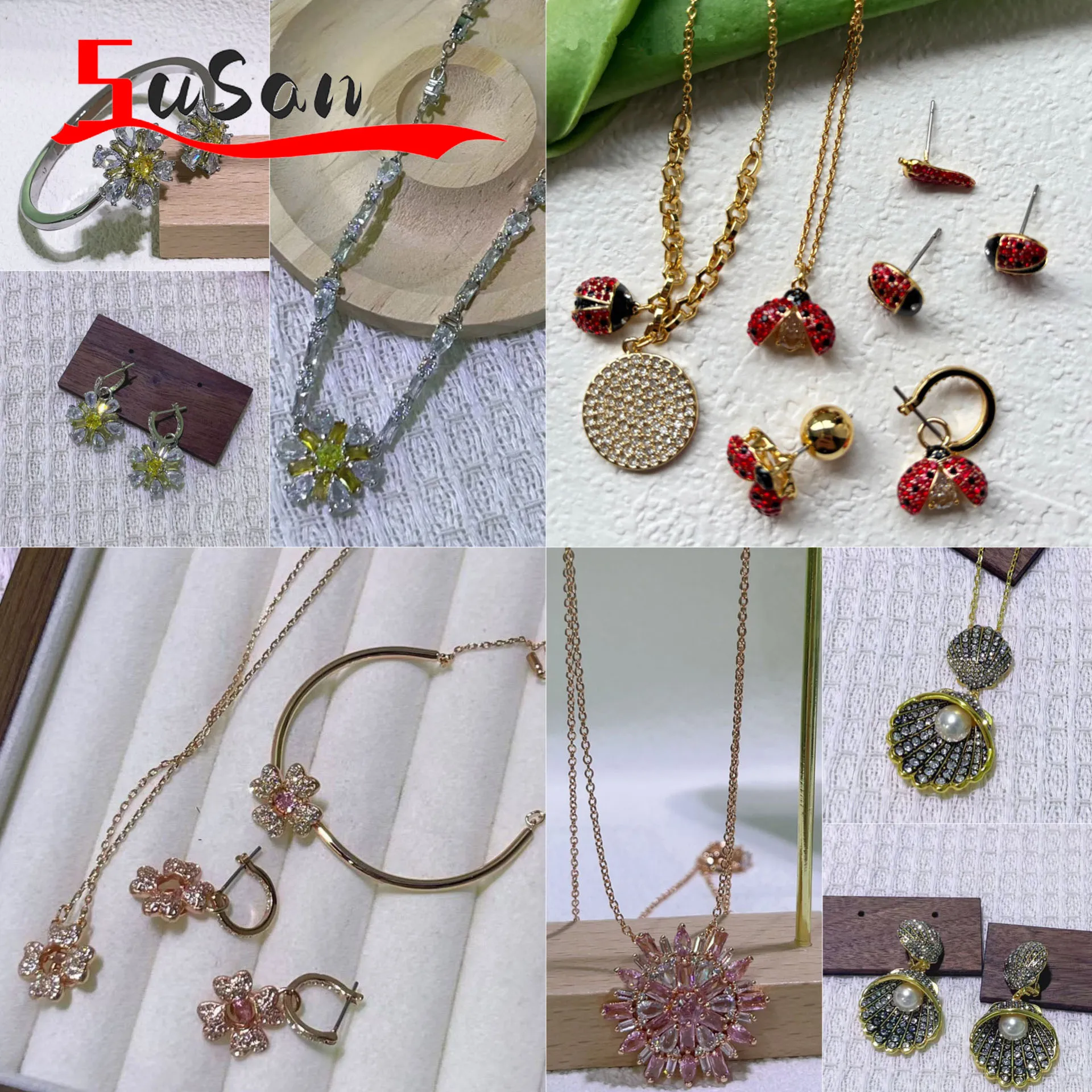 

Ladybug Shaped Jewelry Set Necklace Irregular Earring Bracelet High-Quality Jewelry Flower Sparkling Ring for Women's Party Gift