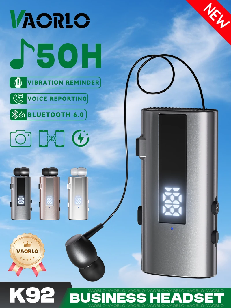 K92 Bluetooth 6.0 Lavalier casque d'affaires appel 30h/musique 50h rappel de vibrations LED affichage numérique avec micro écouteur sans fil
