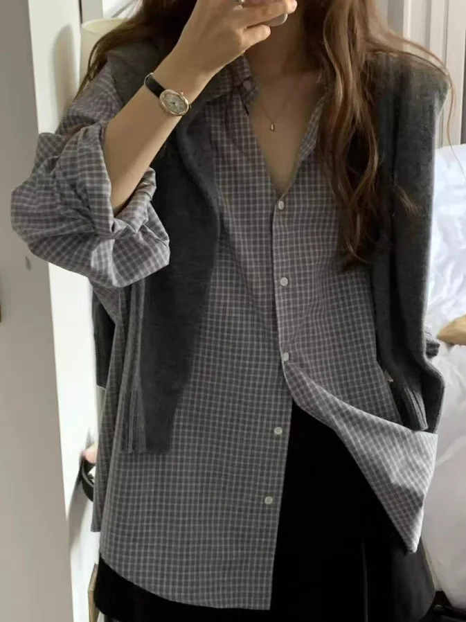 Sciolto Lungo Sve irt Autunno Nuovo Sle Dongda Gate Ouce Dimagrante Plaid Colletto rovesciato Classico Autunno Inverno Cotone irt