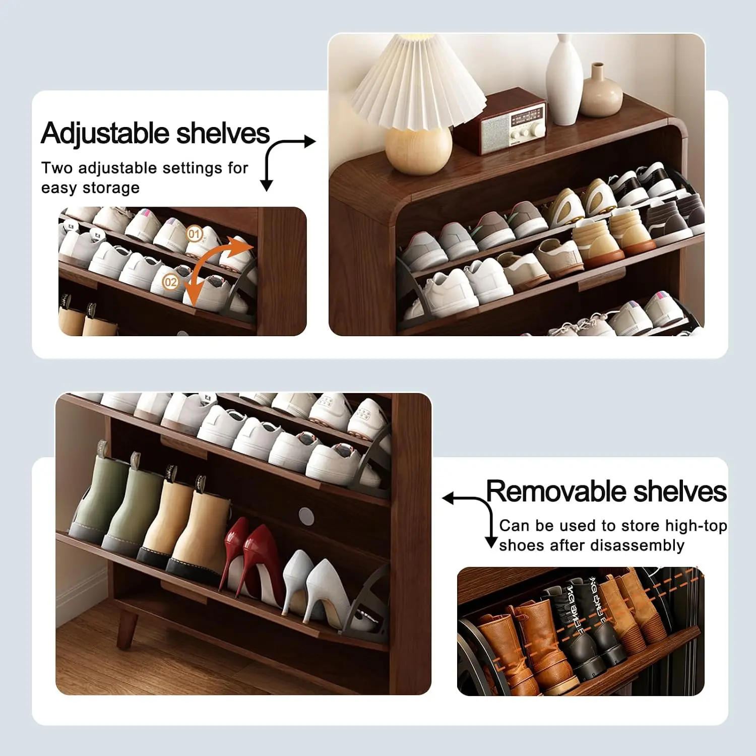 Slim Wood Shoe Cabinet Flip Drawers 3 Tier Adjustable Shelves Wall-Mounted Organizer Hallway Small Space, Customized