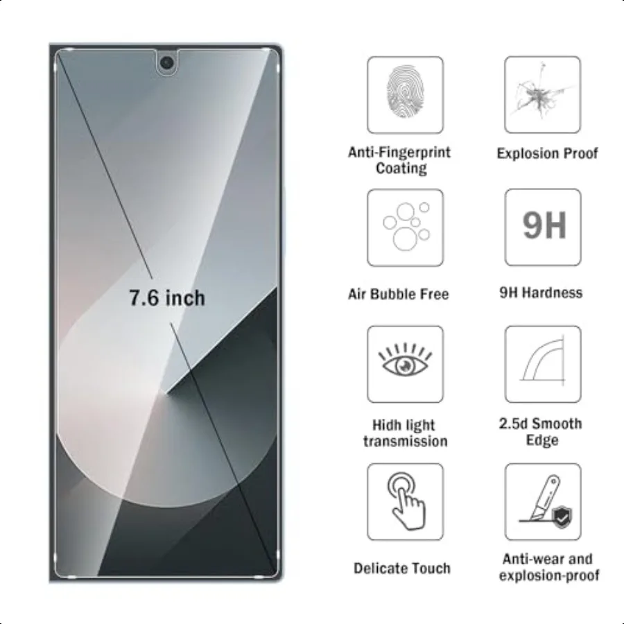 Confezione da 2 + 2 per Samsung Galaxy Z Fold 6 5G [solo schermo anteriore] Proteggi schermo con protezione per obiettivo fotocameraCopertura totale 9H temperato