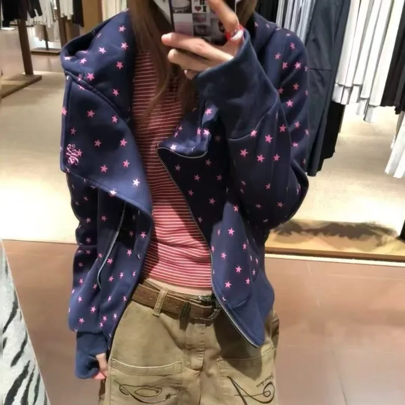 American Retro Star-printed Hooded Cardigan Sweater Women's Autumn Winter Streetwear Commuter Zipper Jacket Hoodies Long Sleeve