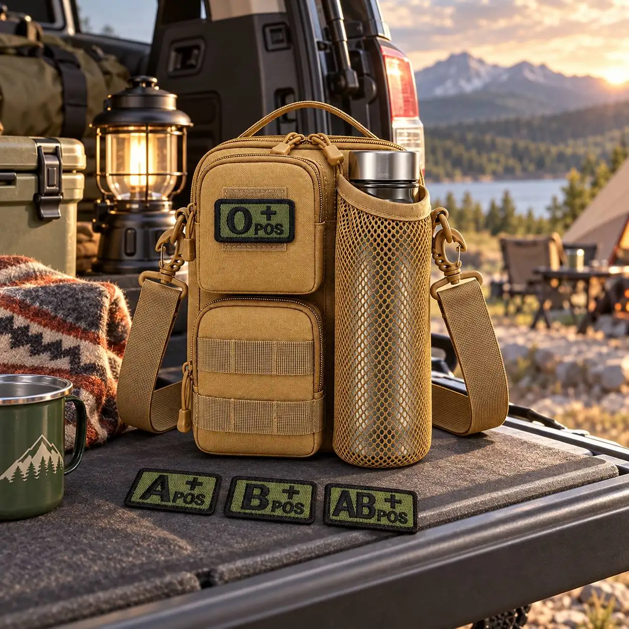 5pcs Crossbody Bag Set Multi Layer Outdoor Organizer 4 Removable Blood Type Patches Adjustable  Camping Hiking Travel Commute