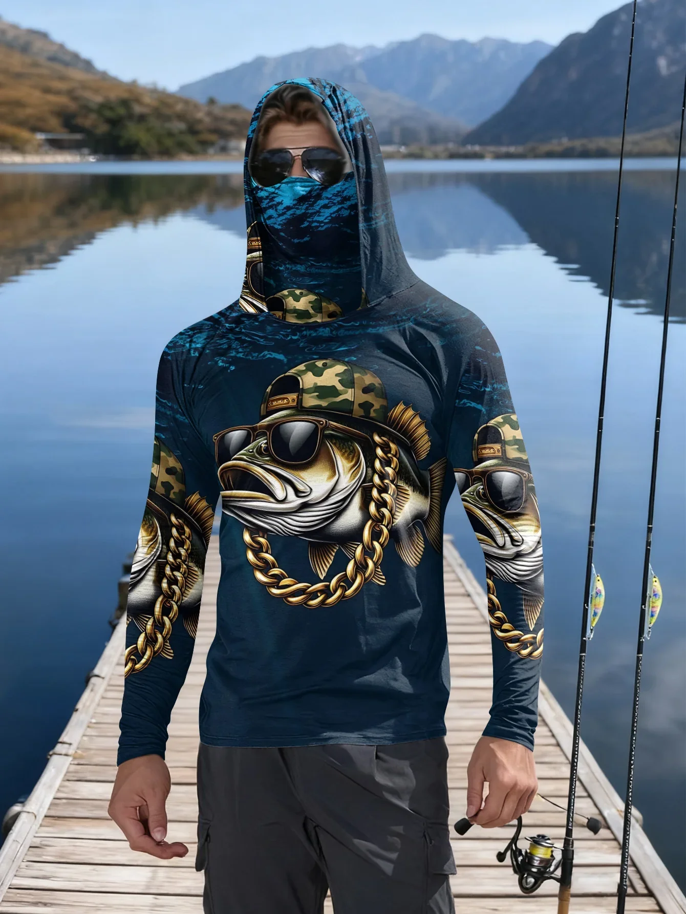 Men's UPF 50+ Hip Hop Bass Print Fishing Hoodie with Face Mask Long Sleeve UV Protection Quick Dry Streetwear Boating Sun Shirt