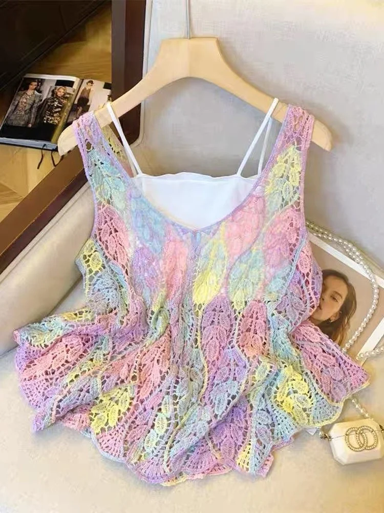 Blusa de chiffon com renda em bloco de cores retrô, vazada, soltinha, emaecedora, com proteção solar, estilo casual para o ...