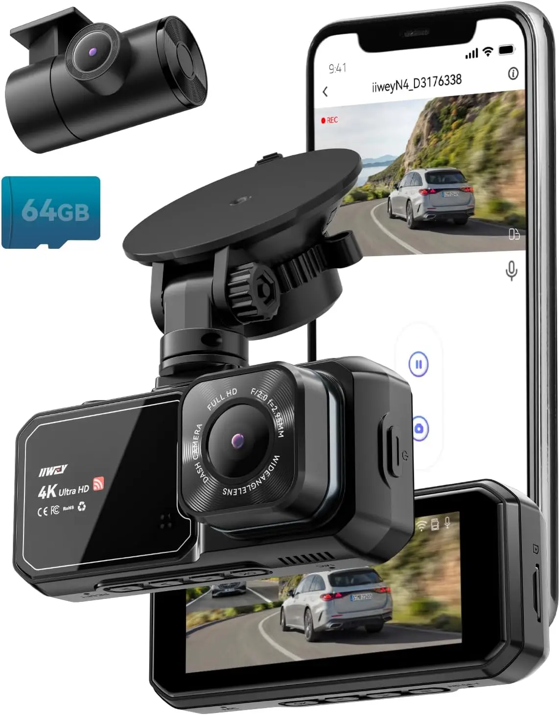 Dash Cam Front and Rear, 4K UHD Dual Dash Camera for Cars, 3.16" IPS Dashboard Camera Recorder Built-in WiFi & APP Control, with