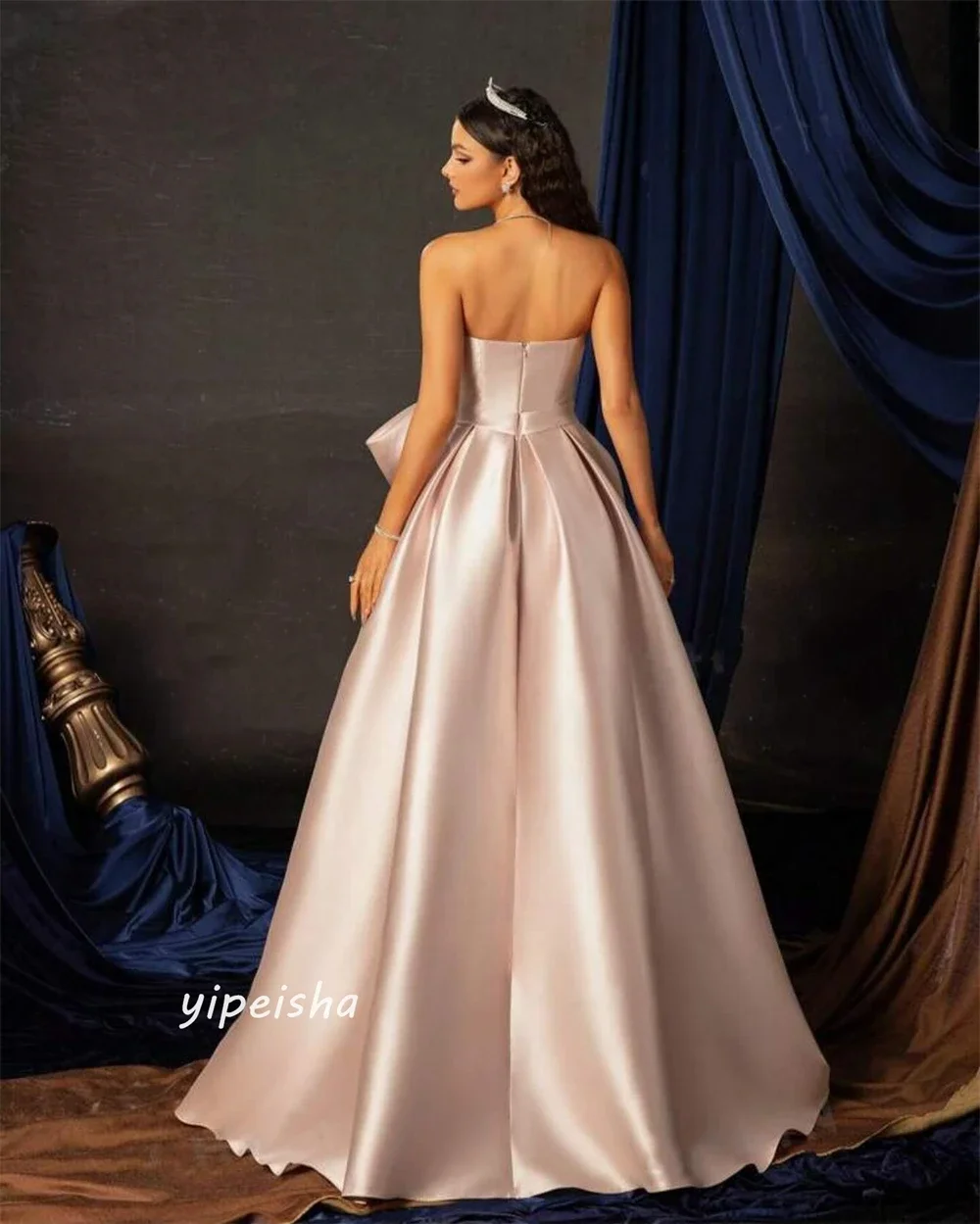 Customized Prom Gown Satin Draped Bow Pleat Clubbing A-line Strapless Exquisite High Quality Occasion Long Dresses for Women