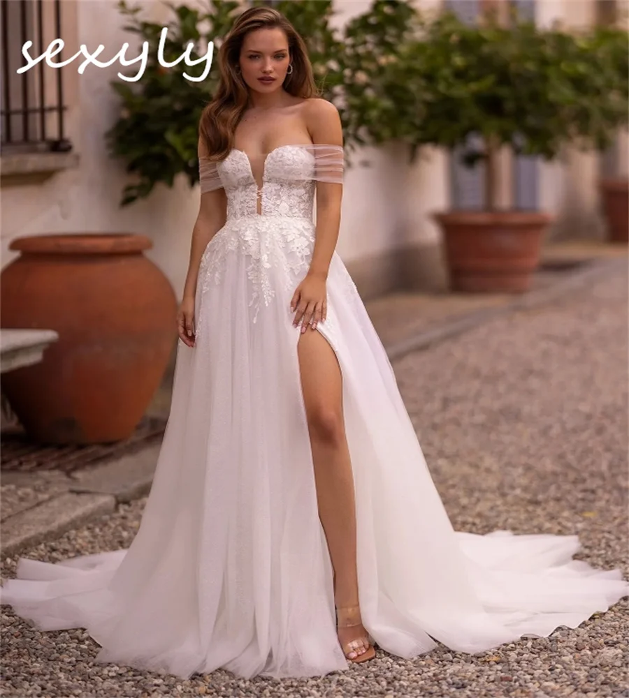 Minimalista fada boho vestido de casamento fora dos ombros alta fenda boêmio vestido de noiva uma linha tule gatsby civil nupcial personalizado