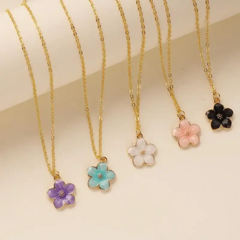 Cute Romantic Pink Flower Pendant Necklace For Women Fashion Cherry Blossom Gold Color Snake Chain Choker Jewelry Birthday Gift