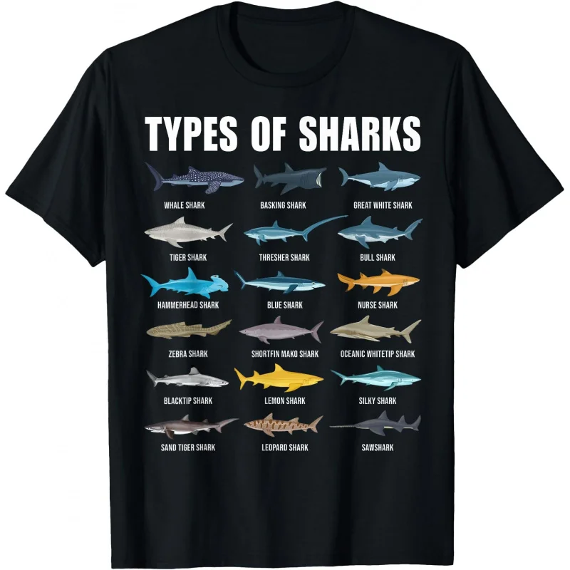 

Types of Sharks Educational Shark Species Marine Shark Lover gift t shirt Vintage Graphic Tee 100% cotton clothes All size Tops