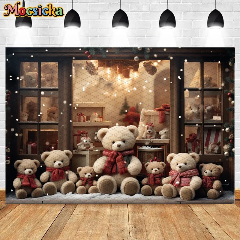Mocsicka ฉากหลังสำหรับถ่ายภาพในฤดูหนาว, หน้าต่างคริสต์มาสร้านซานต้ารูปหมีสำหรับเด็กครอบครัวปาร์ตี้ฉากหลังสตูดิโอถ่ายภาพ