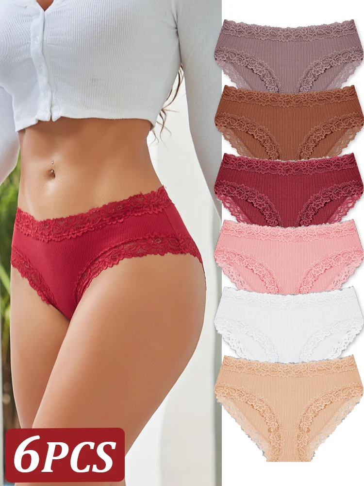 

6PCS Sexy Lace Cotton Pants Women Low Waist Panties Underwear S-XL Solid Color Ladies Briefs Lingere Underware Comfortable Women