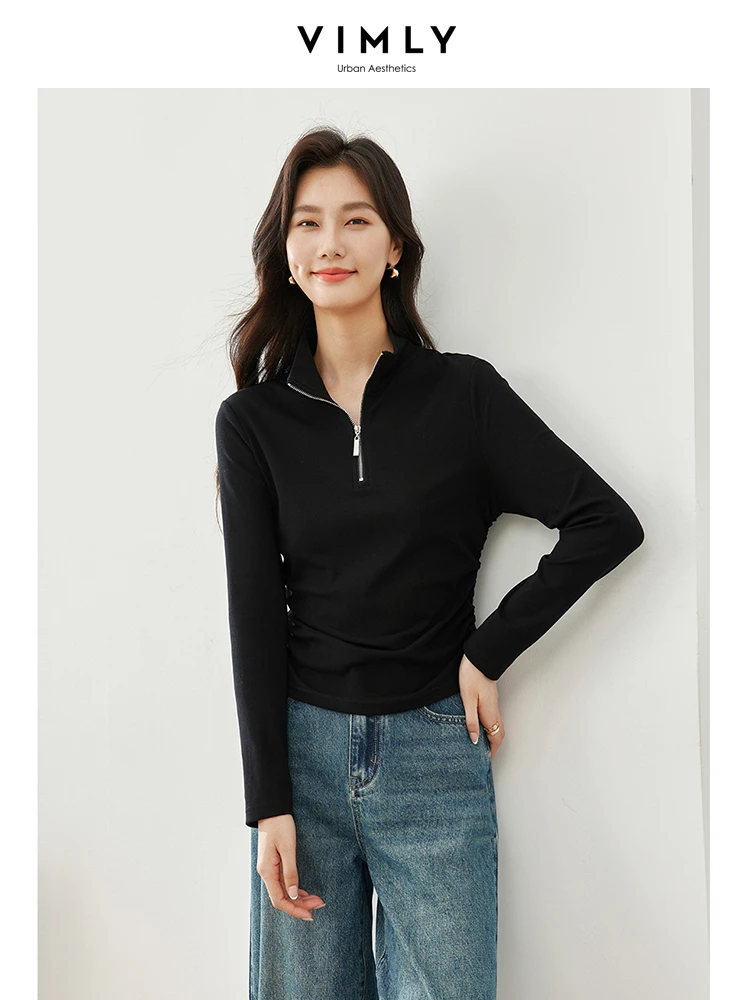 Vimly Casual Stand Collar Half Zipper T-shirt 2024 Spring Side Drawstring Cotton Slim Long Sleeve Top for Woman Pullovers M5783