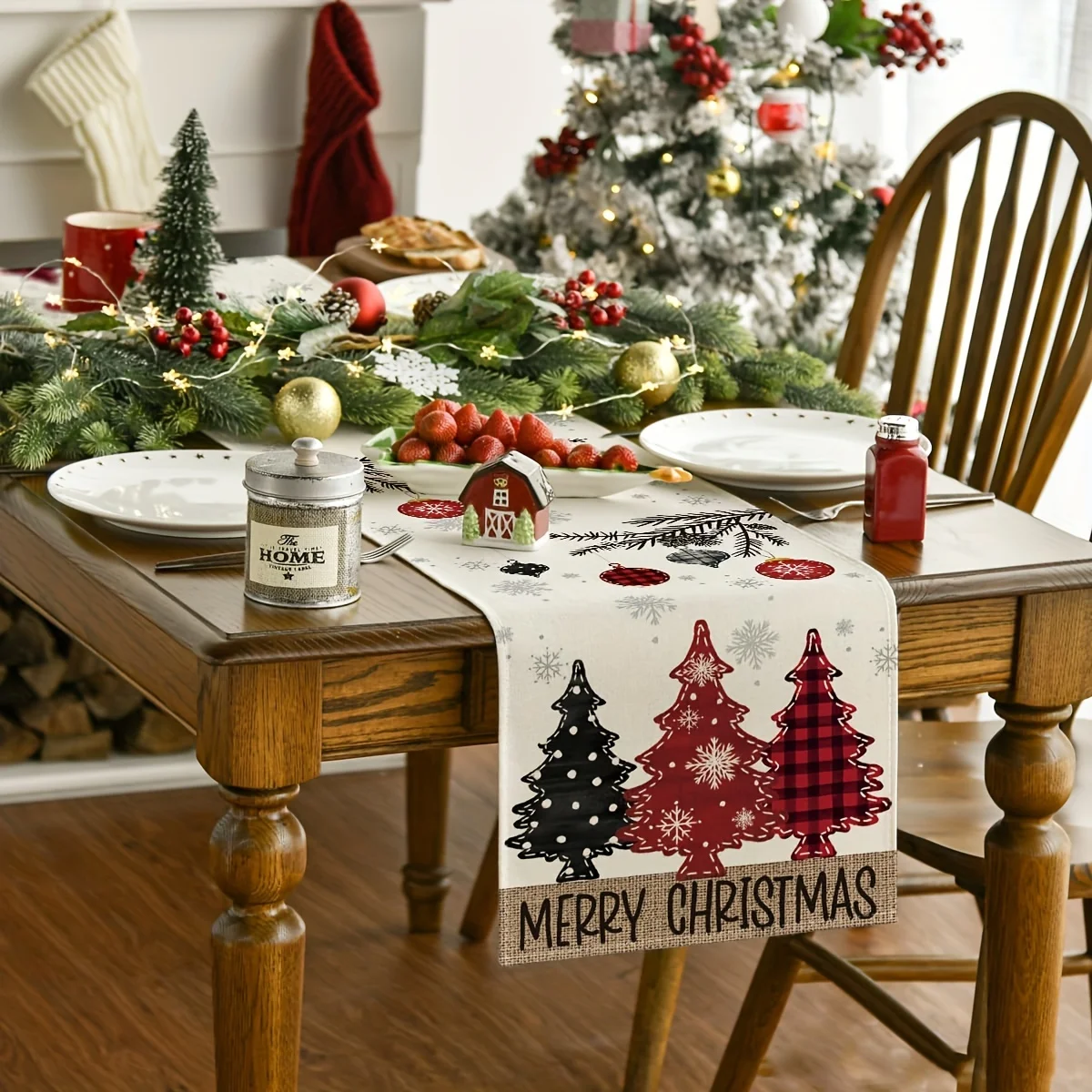 Merry Christmas Table Runner Trees Design in Red, Grey, Brown, Blue , Rectangular for Holiday Dining & Home Party Decor