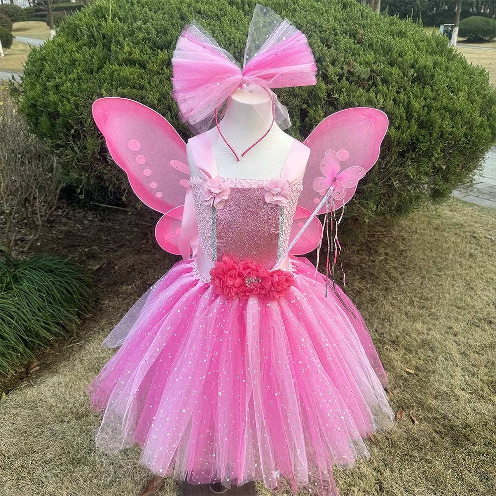 

Sparkly Pink Fairy Tutu Dress for Girls Birthday Halloween Costumes for Kids Butterfly Wings Outfit Flower Girl Princess Dresses