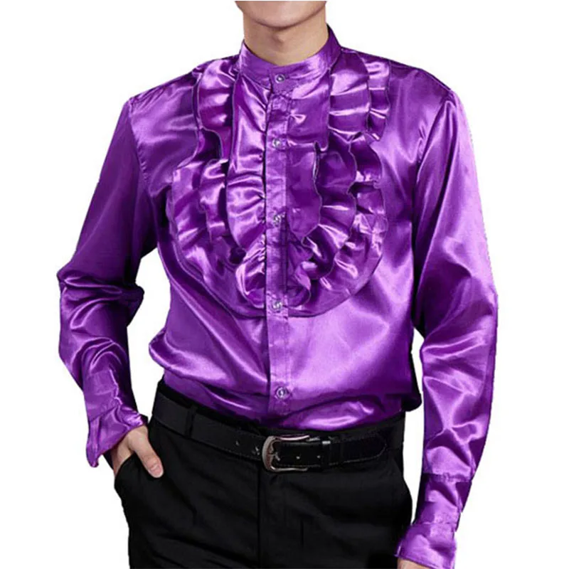 Mens Satin Retro Style Ruffled Pirate Shirt Renaissance Victorian Medieval Gothic Shirt Halloween Cosplay Party Hippie Matching