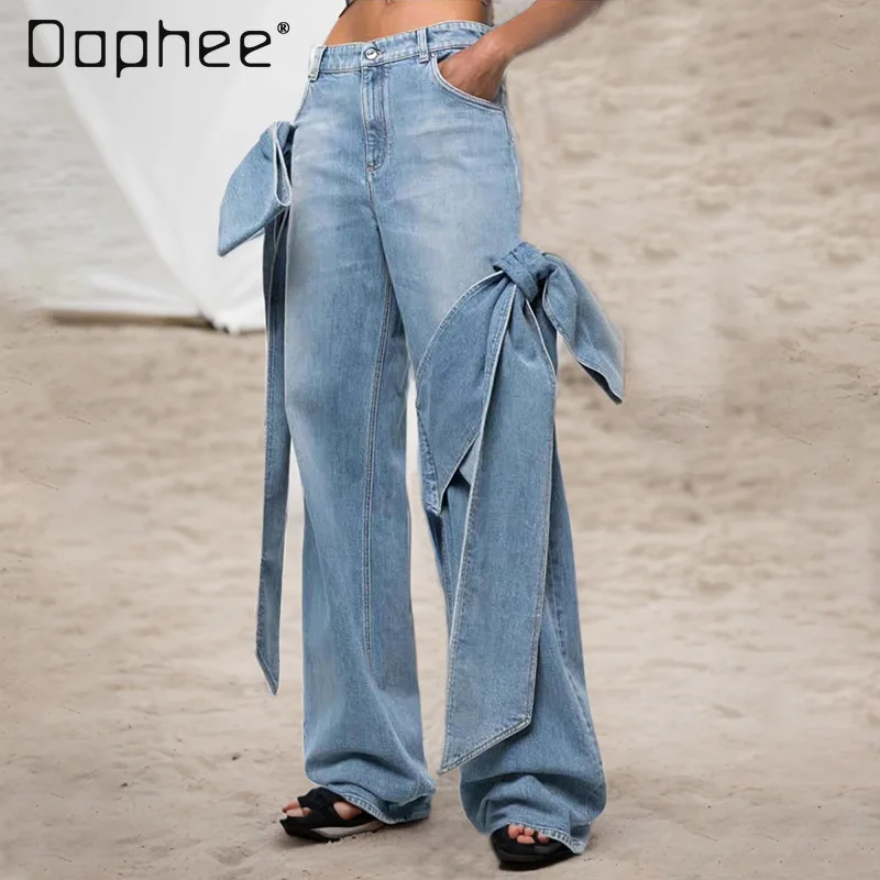 

Retro Baggy Washed Stitching Bow Jeans Woman Streetwear Loose High Waisted Distressed Slimming Straight Denim Pants for Women