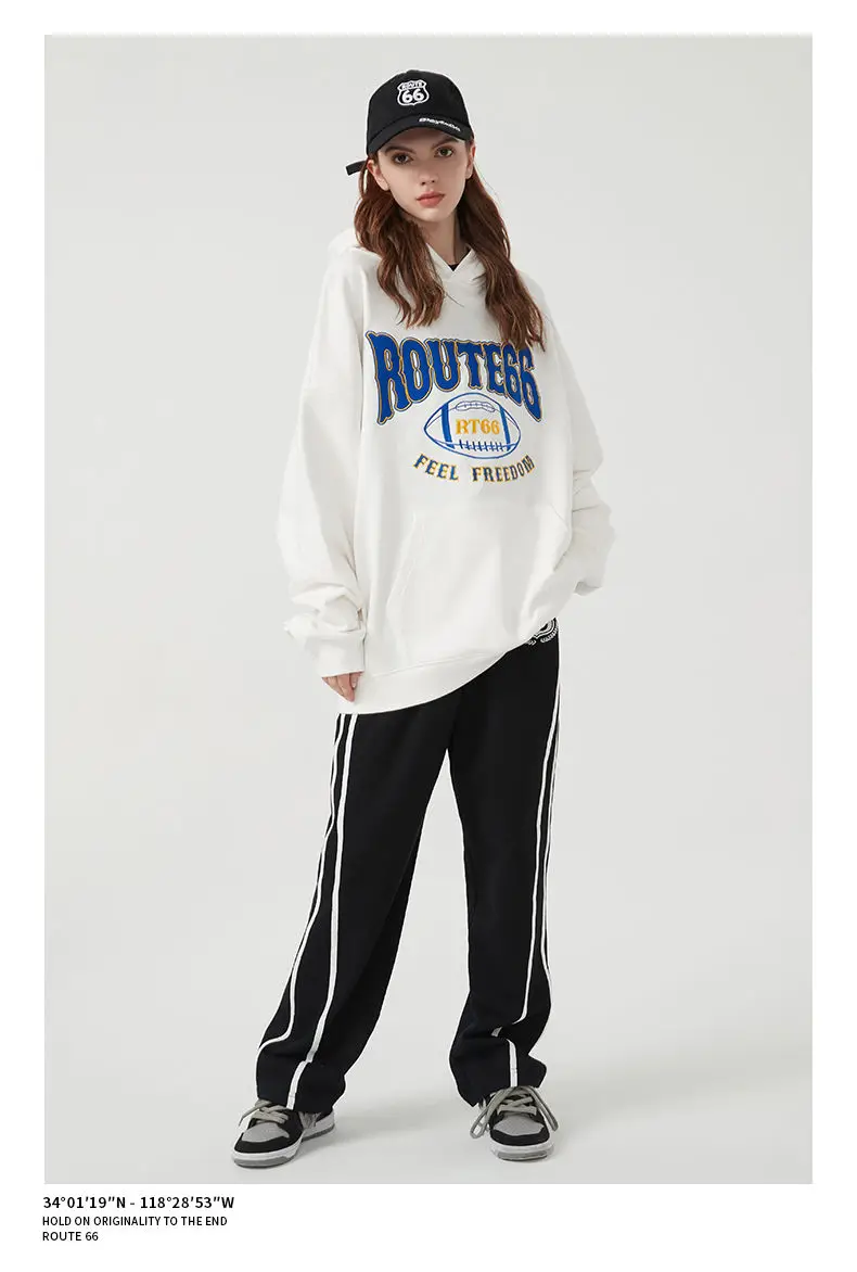 Route 66 Vintage Rugby Jersey Hoodie Mens Cotton Hooded Sweatshirt Winter Warm American Street Sports Jacket Couple Unisex