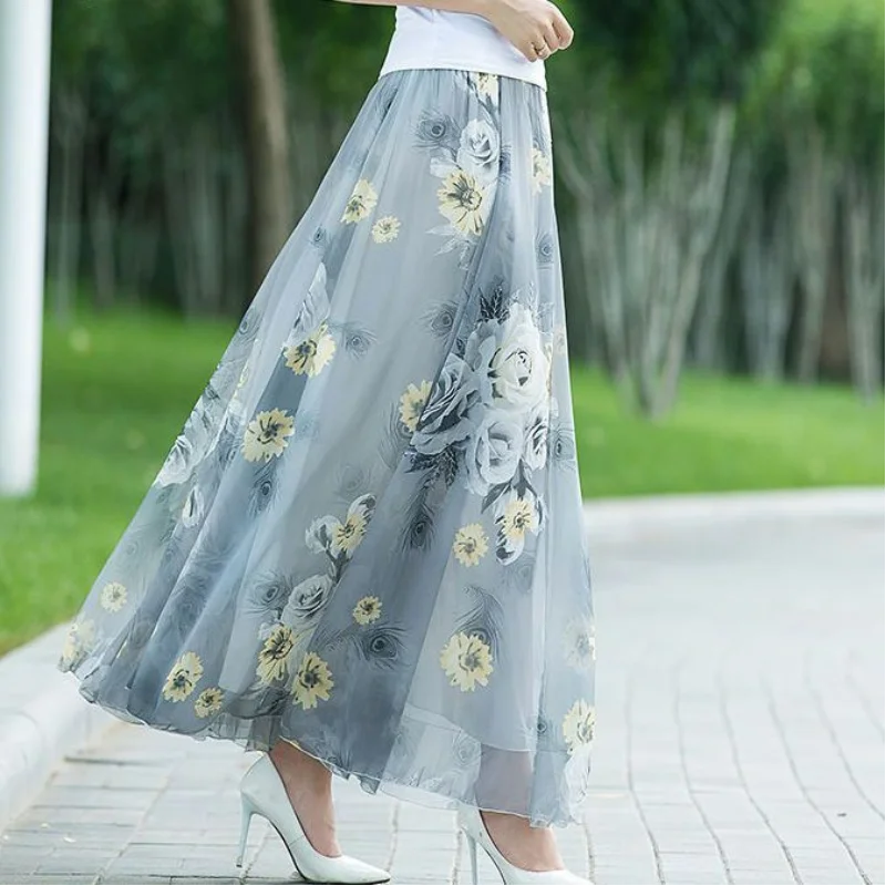 Elegant Vintage Women Chiffon Long Skirt Koreon Clothing Fashion Spring Summer Office Lady Slim High Waist Midi Casual Skirts