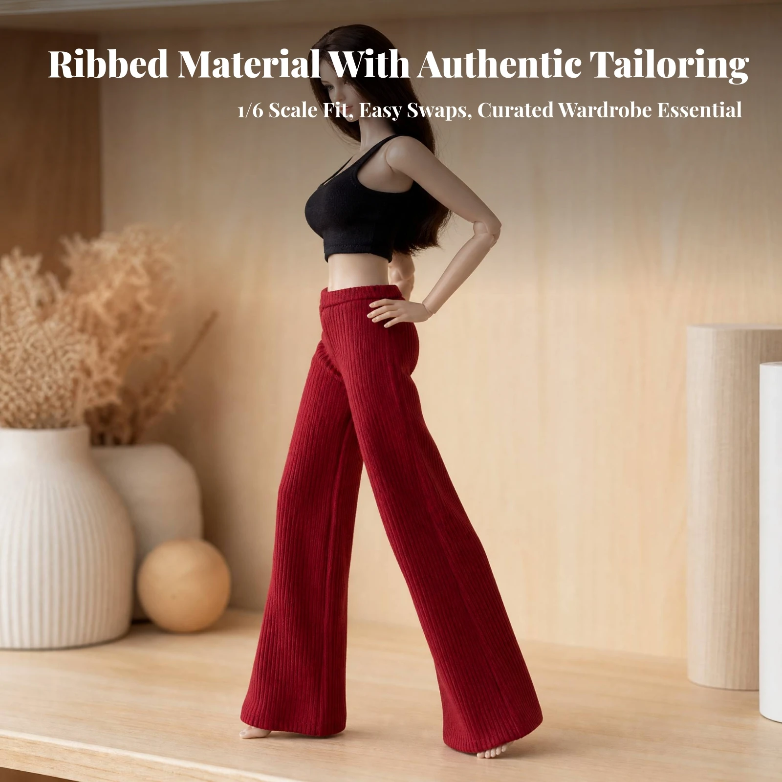 Ribbed Doll Pants with Elastic Waistband Fashionable Wide-Leg Doll Trousers 12 Inch Figure Pants Easy to Clean Breathable