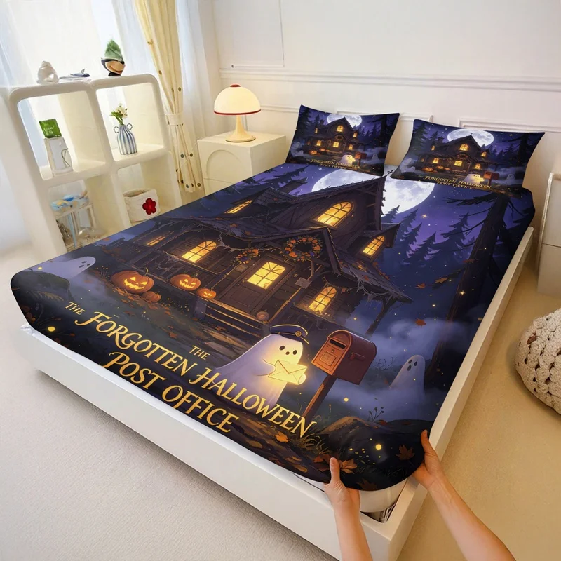 3Pcs Polyester Fitted Sheet Set,Deep Pocket,Durable,The Forgotten Halloween Post,Halloween House with Ghosts and Pumpkins Print