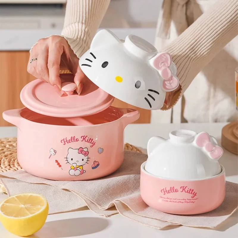 Sanrio Hello Kitty Cute Simple Cartoon Ceramic Cup Kawaii Water Cup Casserole Household Ceramic High-temperature Casserole Set