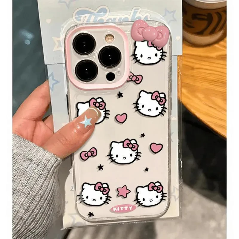 Sanrio Hello Kitty Bow Full Screen KT Phone Case For iPhone 16 15 14 13 12 11 Pro Max XR XS MAX 7 8 Plus Lovely Anti Fall Cover