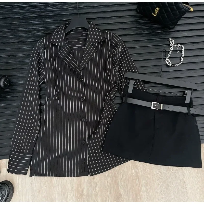 Black Striped Long Sleeve Blouses Women Korean Sexy V-Neck Slim Casual Shirts Y2K Fashion Elegant Office Lady All-match Midi Top