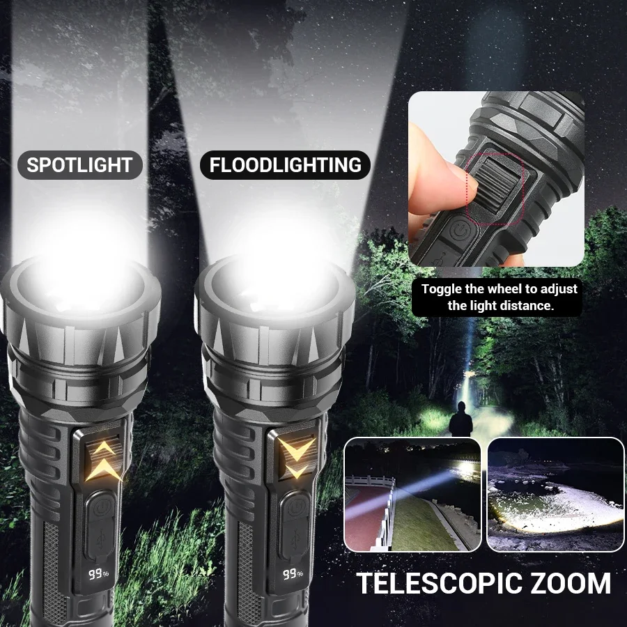 Powerful Led Flashlight Super Bright Tactical Torch Light Emergency Spotlights Telescopic Zoom Lantern Built-in 18650 Battery
