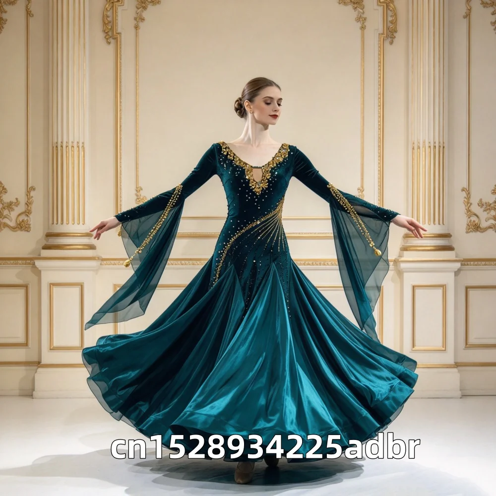 Deep Green Elegant Standard Ballroom Dance Dress, Gold Rhinestone Embellished Flared Sleeves, Flowy Skirt for Tango Waltz Dance