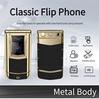 2G Luxury Classic Clamshell Phone Metal Body Dual SIM Push Button Two Screen Magic Voice Blacklist Folding Senior Mobile