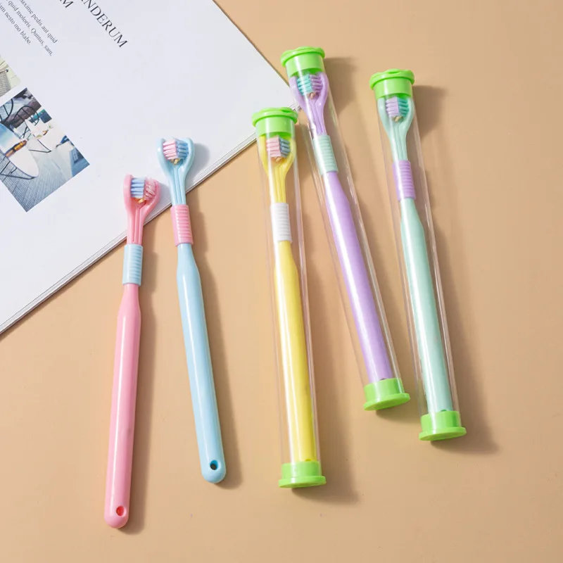 Three-sided toothbrush with soft bristles, three-headed toothbrush in transparent tube for tongue scraping