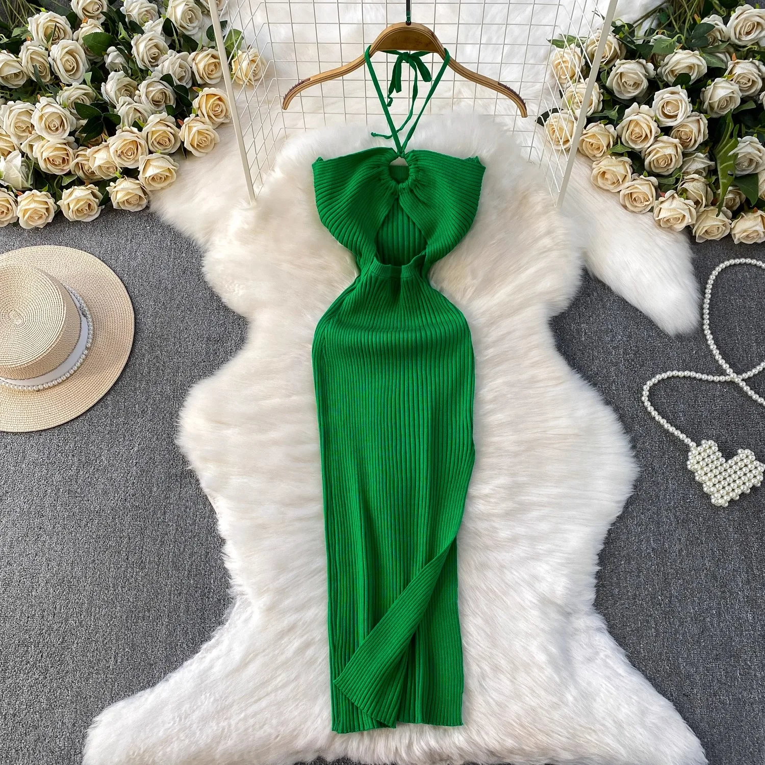 YuooMuoo Estilo de férias sexy envoltório quadris dividir vestido de verão de malha 2026 novo y2k halter magro longo bodycon vestido de festa praia robe