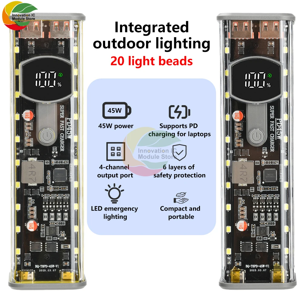 PD 45 واط شحن سريع للغاية حافظة شفافة قابلة لإعادة الشحن 8 قطعة 18650 حافظة بطارية مع ضوء خارجي #3