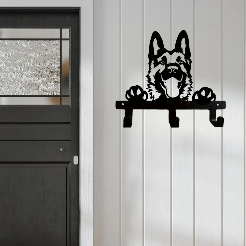 German Shepherd Portrait Wall Hook Black Metal Key & Leash Rack with 3 Hooks, Ideal for Kitchen, Bathroom, and Bedroom key holde