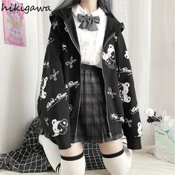 Hikigawa Women Hoodies Long Sleeve Cartoon Bear Print Cardigan Jacket Korean Hooded Tops Harajuku Casual Black Sweatshirt 7z221