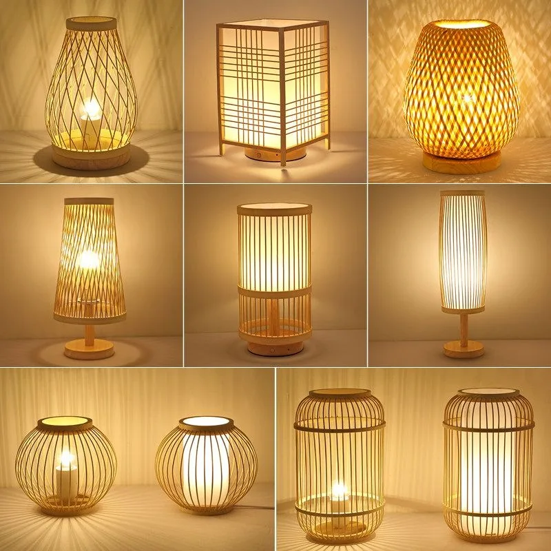 Vintage Asian Bamboo Woven Rechargeable LED Table Lantern Outdoor Camping Guesthouse Teahouse Tatami Ambient Decor Novelty New