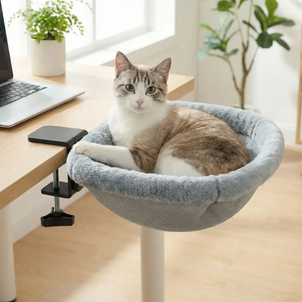 Creative Semi-Circular Cat Table Bed Detachable Soft Cat Desk Hammock Non-Slip Clamp Comfortable Folding Cat Bed Computer Desk