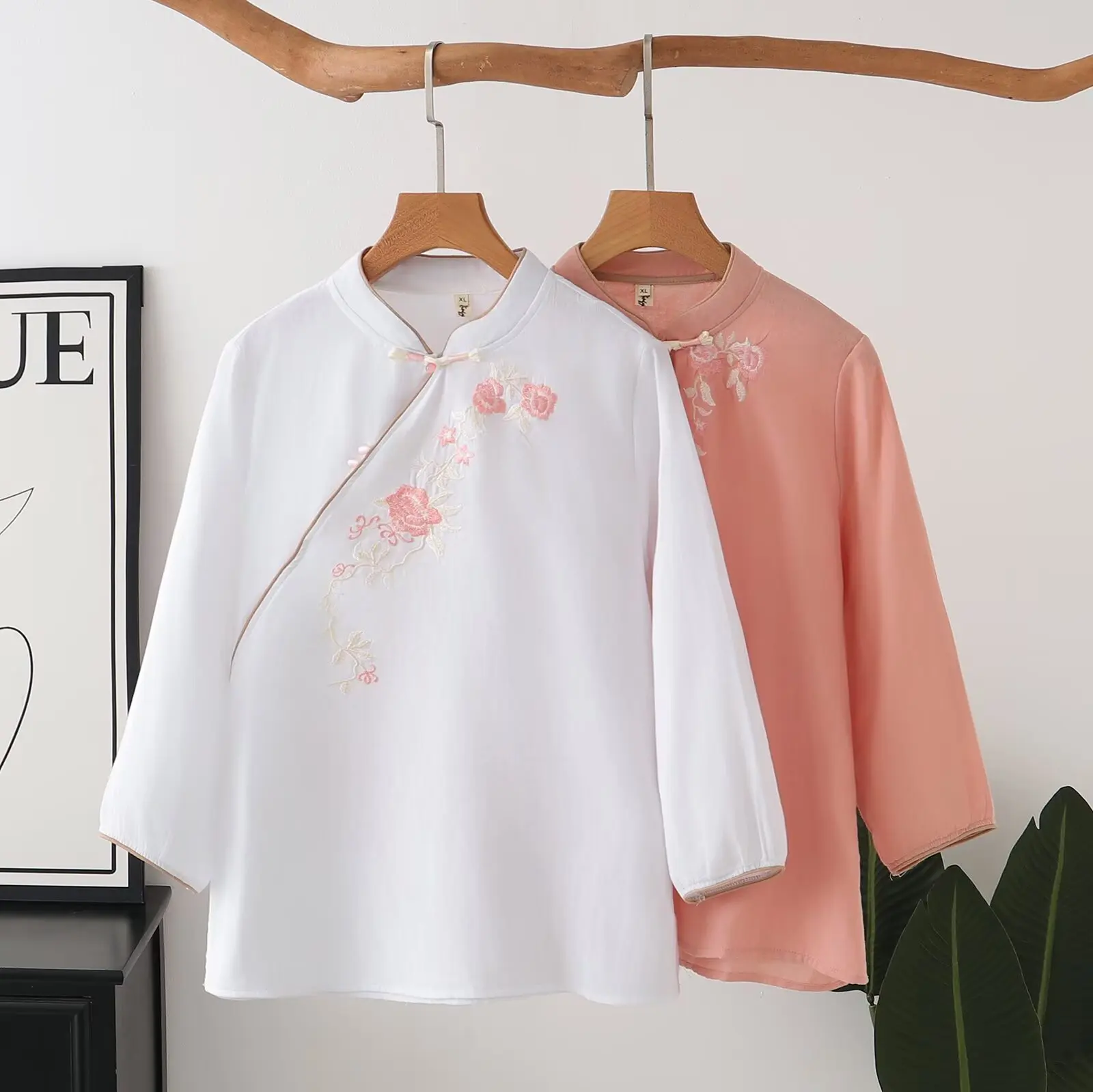 Chemisiers pour femmes, grande taille, à la mode, nouveau style chinois, brodé, boutonné, manches longues, chemise élégante